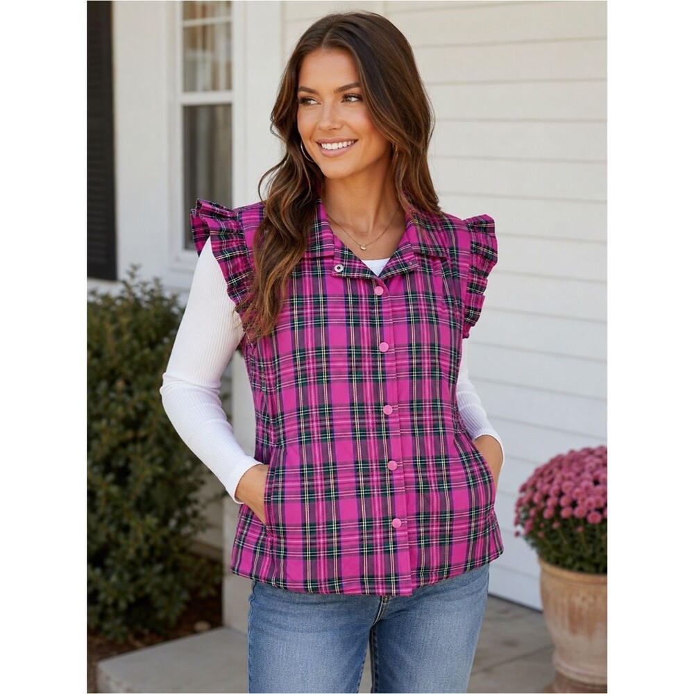 Top It Off Plaid Quilted Vest Women Medium Pink Ruffle Sleeves Puffer